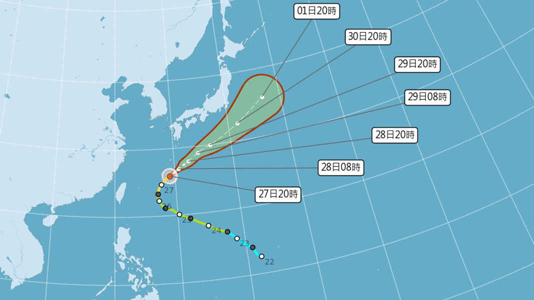 舒力基颱風將持續朝東北移動,近期赴日請多加留意。(圖/翻攝自中央氣象署)