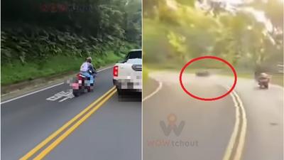 連假跑山出事!北宜重機猴逆向超車 下秒墜邊坡糗摔斷肋骨