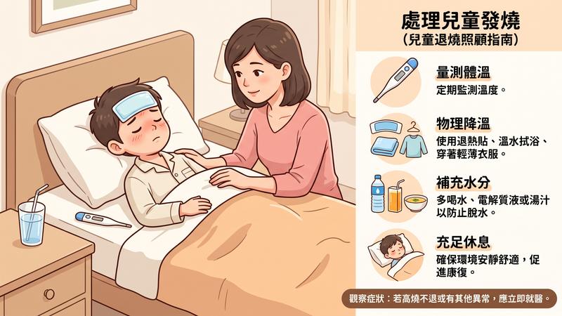 連續假期如果孩子發燒,醫生建議先觀察四個要點。(示意圖/AI 生成/Gemini製)