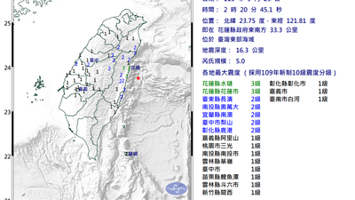 凌晨台灣東部海域規模5地震!最大震度3級 13縣市有感