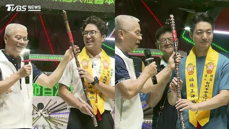 民進黨台北市長參選人沈伯洋與市長蔣萬安收到中庄仔福德宮的甘蔗。(圖/TVBS)