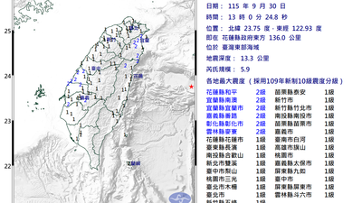 快訊/13:01東部海域「5.9極淺層地震」大晃 18縣市有感
