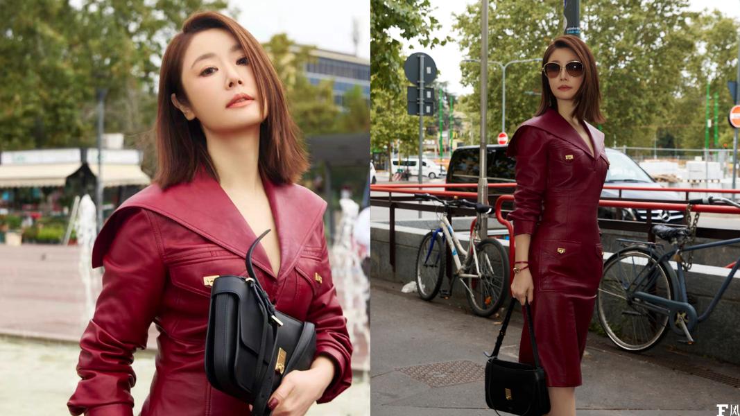 林心如身穿一襲紅色皮革洋裝出席Ferragamo 2027春夏大秀。(圖/翻攝自IG@loveruby_official)
