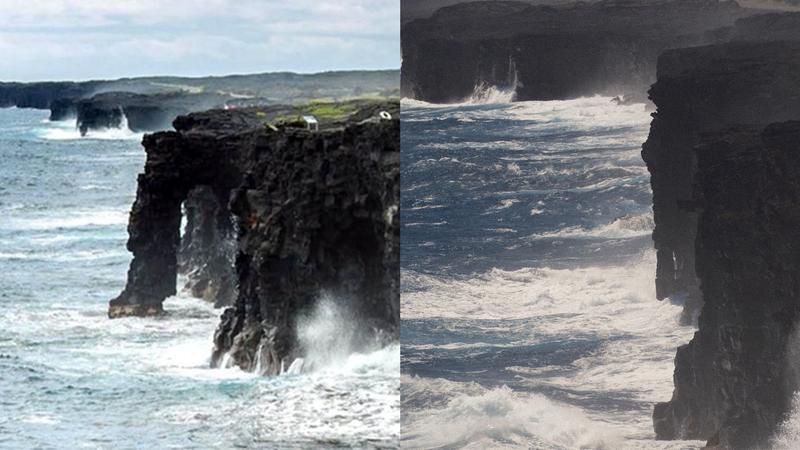 美國夏威夷島著名地標霍雷海拱驚傳坍塌。左圖為坍塌前,右圖為坍塌後。(圖/取自FB@Hawaii Volcanoes National Park、Reddit@sinoforever)