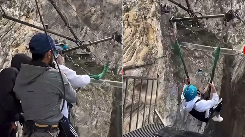 俄羅斯達吉斯坦(Dagestan)一名女遊客日前體驗峽谷鞦韆,遭工作人員踢膝蓋。(圖/翻攝X@LeahRain77)