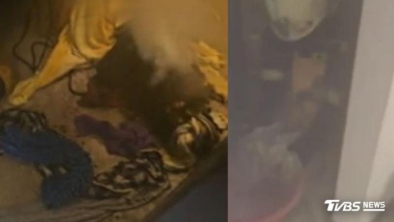 (左)電動單車「鋰電池」爆炸竄火,(右)警消人員將電池浸泡「鹽水」。(圖/深坑埔新里長游貫中提供)