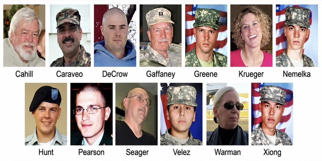 2009年德州胡德堡（Fort Hood）軍事基地槍擊案的13名受害者（圖／翻攝自X@TheLinzerShow）