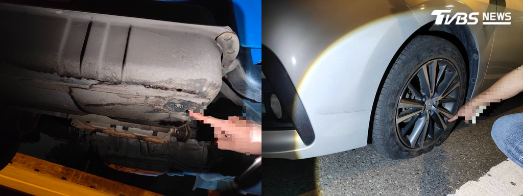 這次撞擊不只造成爆胎,有特斯拉連電池也受損,受害車駕駛同時也擔心對方拿不出維修費用(圖/TVBS)