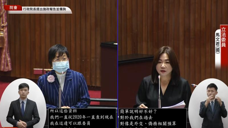 僑委會委員長徐佳青遭踢爆,讓丈夫唐博偉將外館公務車當作私家車使用,還自2022年開始,帶未滿14歲兒子以「攝影官」名義周遊列國。(圖/翻攝自立院議事轉播)