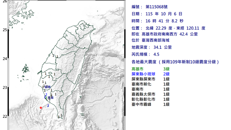 台灣西南部海域4.5地震。(圖/氣象署)