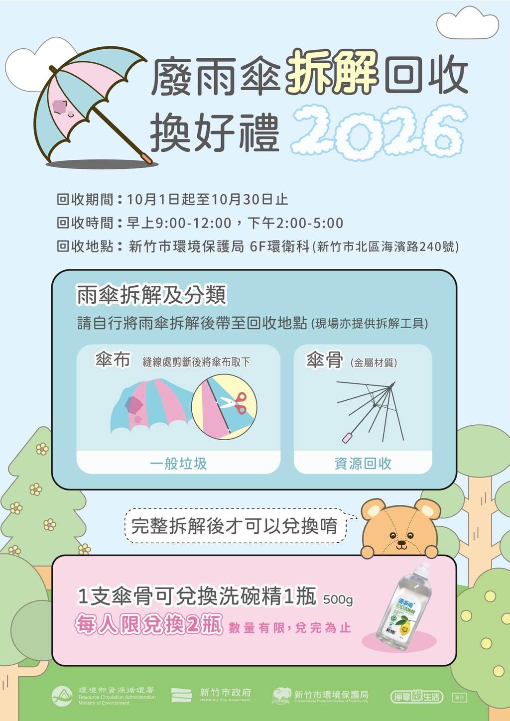 廢雨傘拆解回收可兌換洗碗精。(圖/翻攝自新竹市環境保護局臉書)