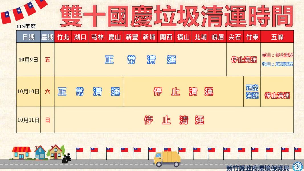 新竹縣雙十國慶垃圾清運時間。(圖/新竹縣環保局FB)