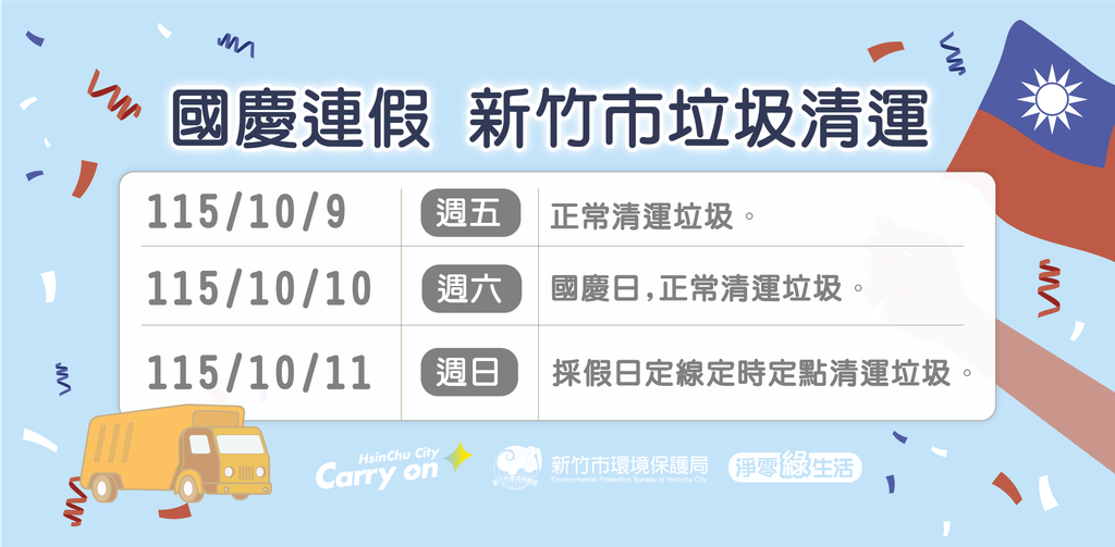 新竹市表示,10月9日、10日正常清運。(圖/新竹市環保局網站)