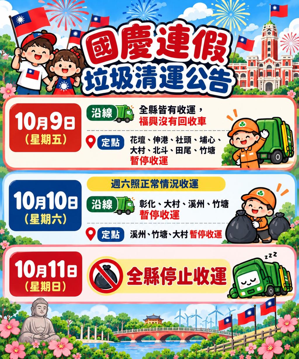 彰化縣在國慶期間,有些地區暫停收運垃圾。(圖/彰化縣政府)