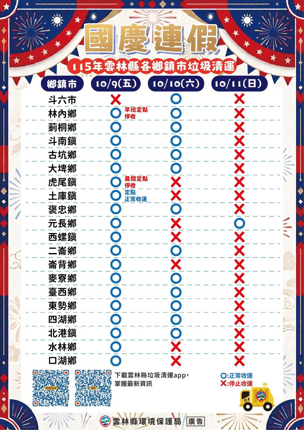 雲林縣環保局國慶連假各區清運時間。(圖/雲林縣環保局)