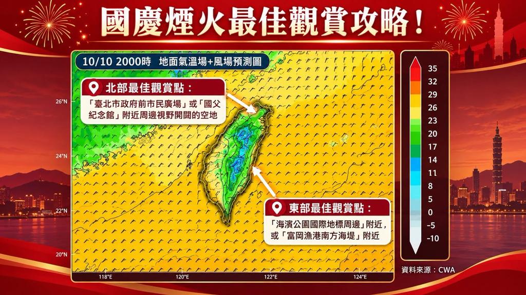 林得恩推薦國慶煙火4大觀賞位置。（圖／翻攝自臉書「林老師氣象站」）