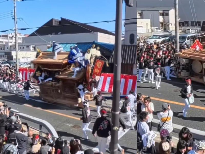 日本大阪泉大津的地車祭傳出嚴重翻覆意外。(圖/翻攝自X@takatomi_2nd)
