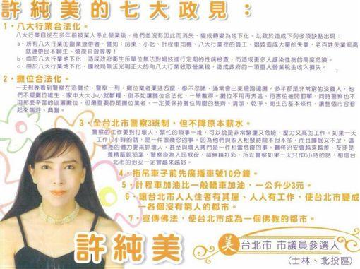 許純美曾在民國95年參選台北市議員並提出超狂7大政見。(圖/翻攝自爆廢公社)