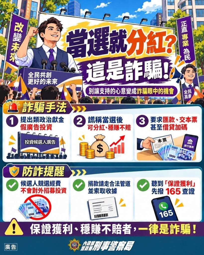 刑事局提醒，若想支持參選人務必透過合法管道捐款，並且要求開立收據。（圖／刑事局提供）