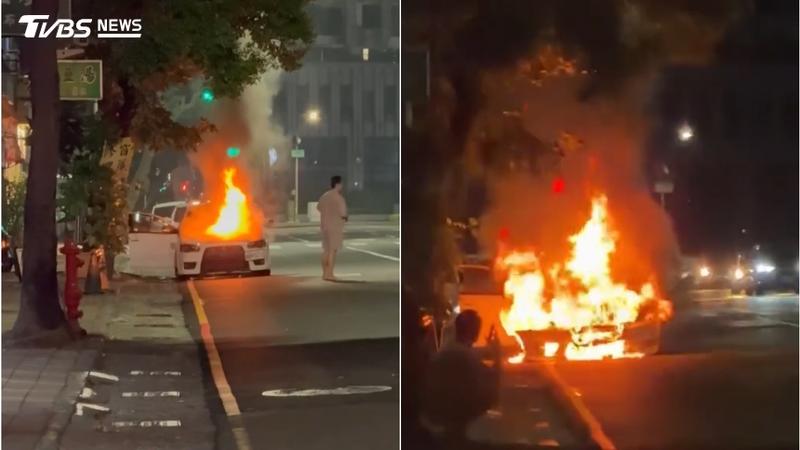 小轎車起火燃燒,車主緊急下車逃生報案。(圖/TVBS)