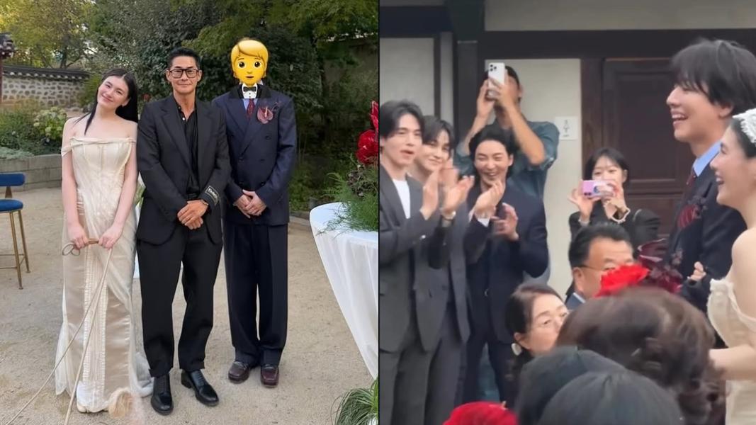 現場流出的影片中可見到李棟旭、金汎等人也在現場,合作《陽光先生》的裴正南也曬出與新人的合照。(圖/翻攝自IG)