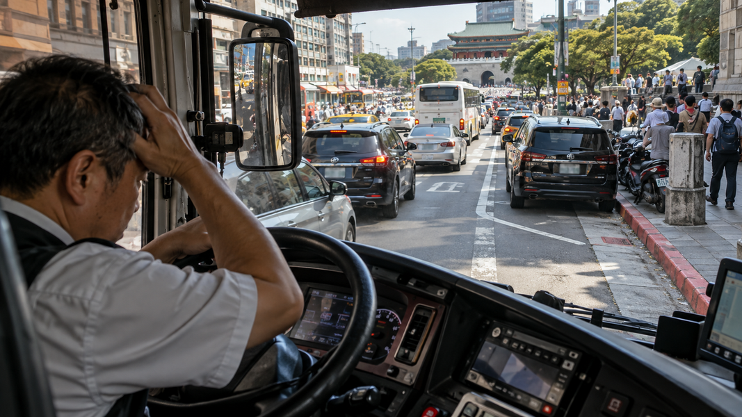 載客容易、停車難,遊覽車司機常常在旅遊景點繞圈圈。(圖/AI 生成)
