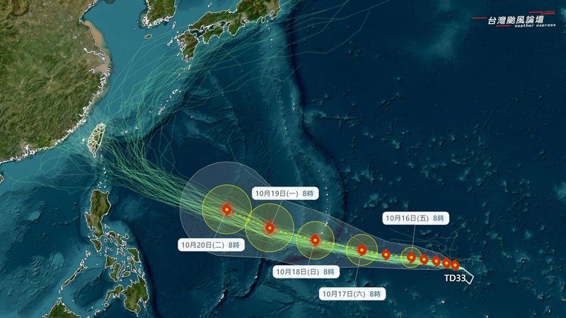 輕度颱風「薔琵」最快今天生成,粉專預測路徑。(圖/翻攝台灣颱風論壇|天氣特急)