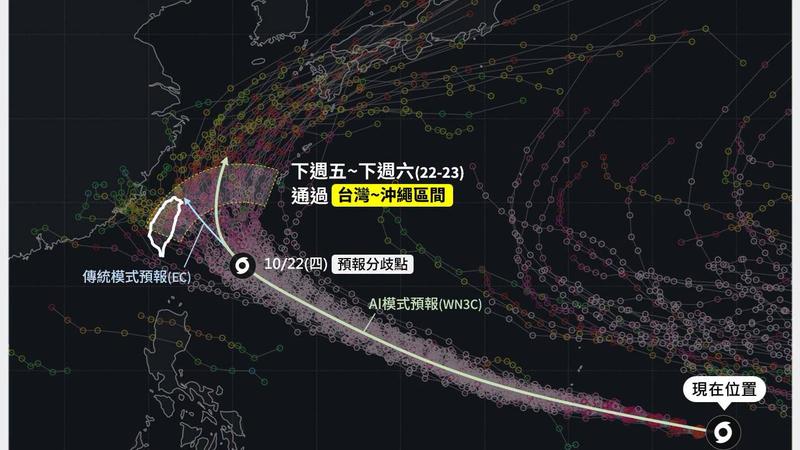 薔琵颱風路徑逐漸收斂,各模式皆預測將從「台灣至沖繩」一帶通過。(圖/翻攝自臉書「台灣颱風論壇|天氣特急」)