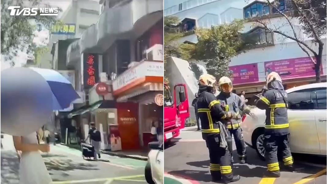 林女的愛犬被反鎖車內,心急如焚地在一旁等待警消破窗救援。(圖/TVBS)