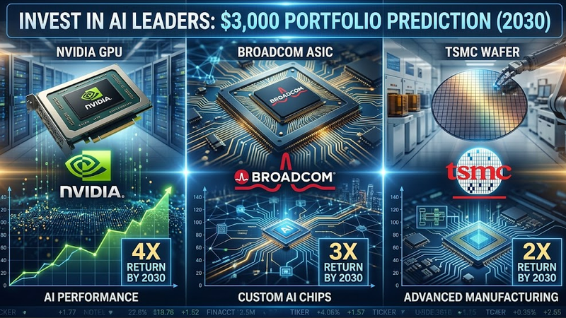 外媒指出,分別投資在輝達(Nvidia)、博通(Broadcom)與台積電(TSMC),2030年底前極有機會翻三倍。(圖/AI 生成)