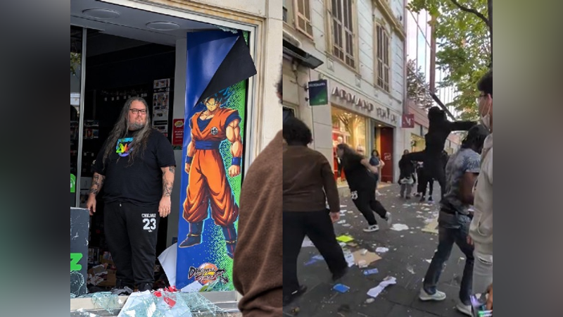 法國尼斯一間連鎖動漫遊戲店日前遭暴徒洗劫,店長於門口奮力護店時,不幸遭黑衣男子從背後飛踢襲擊,畫面曝光後引發網友憤怒並發起肉搜。(圖/翻攝自X@LBleuBlancRouge)