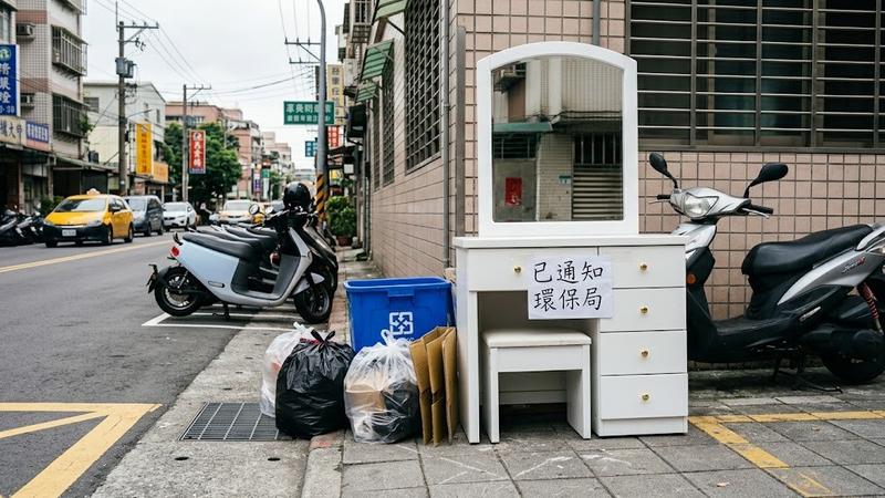 一名網友在信義區路邊發現一組待回收但狀態良好的白色梳妝台。(圖/AI 生成)
