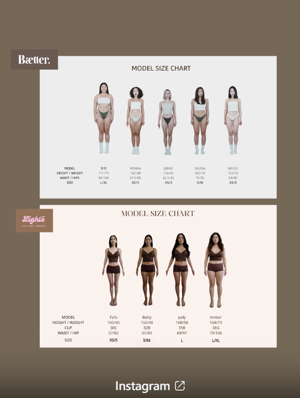 兩家品牌的Model尺寸對照圖的構圖與設計極為相似。(圖/翻攝自@baetter.tw Threads)