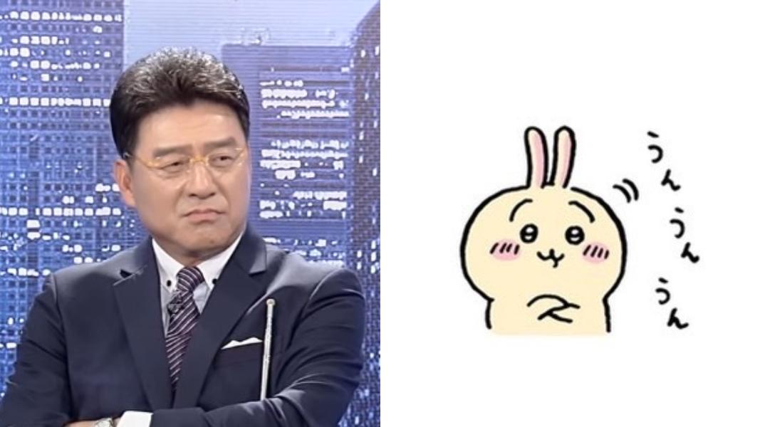 謝震武困惑表情撞臉《吉伊卡哇》角色「烏薩奇」,被網友笑稱「武薩奇」。(圖/翻攝新聞面對面YT、LINE貼圖)