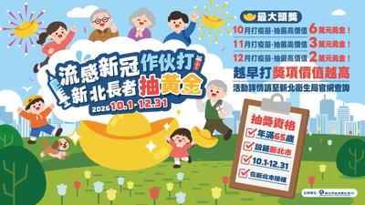 流感新冠作伙打,新北長者抽黃金!首波6萬大獎11/5開抽 10/31前施打皆可抽