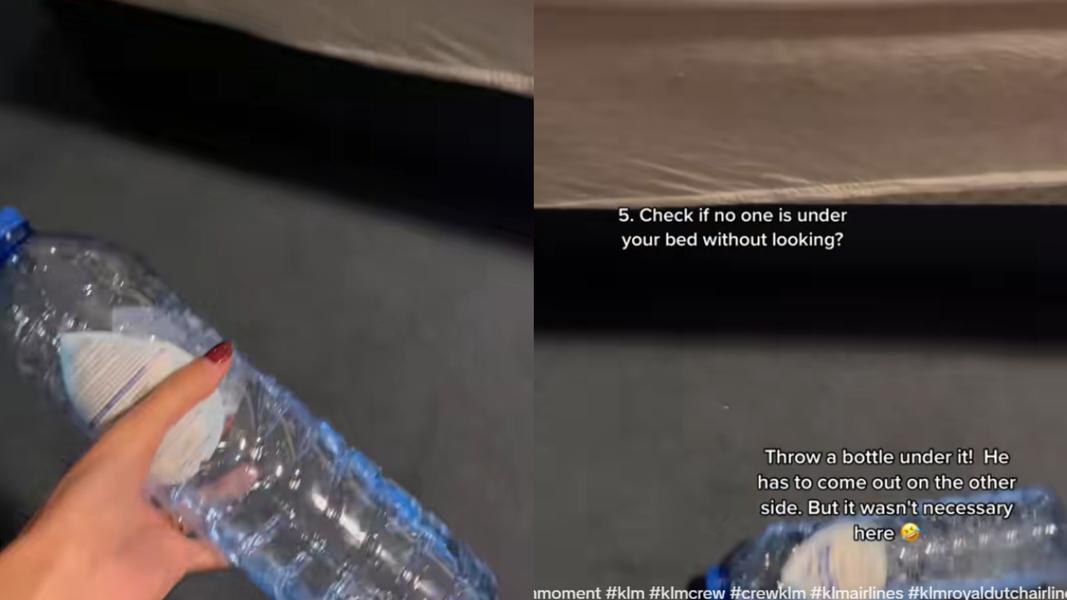 空服員建議,入住飯店後可以將一瓶水滾到床底下,觀察水瓶是否能從另一側滾出,以確認床下是否有異物阻擋。(圖/翻攝TikTok@esthersturrus)