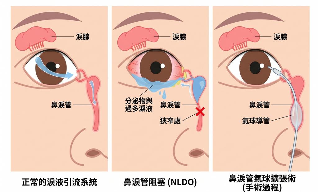 治療鼻淚管阻塞最常見且成效良好方式「鼻淚管氣球擴張術」。(AI生成圖/由邱冠傑醫師提供)