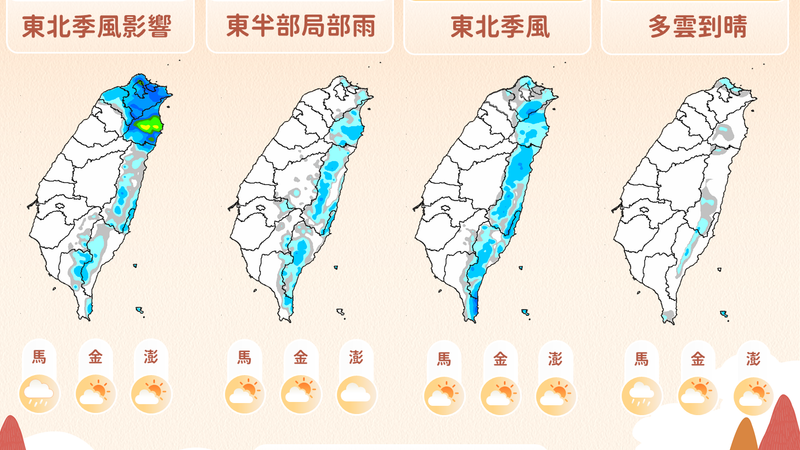 3波東北季風接力,2地變天轉雨。(圖/氣象署)