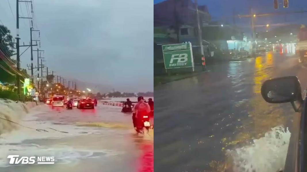 普吉島卡林、查龍路段淹成河,車輛涉水前進(圖/翻攝自IG@phuket___thailand)