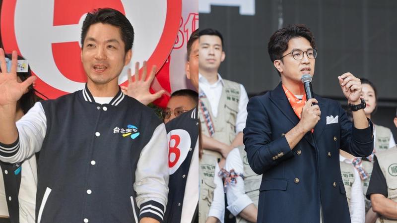 台北市長辯論登場,雙方應援團就位。(圖/TVBS、沈伯洋辦公室提供)