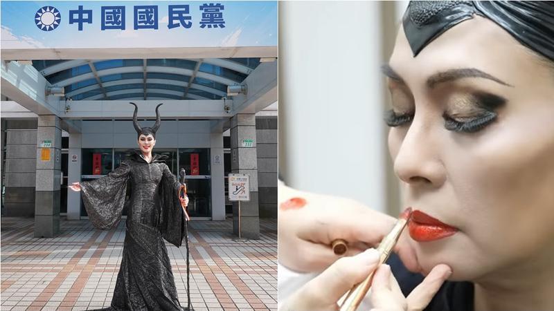 台灣同志遊行今天登場,國民黨主席鄭麗文特別裝扮成「黑魔女」梅菲瑟。(圖/翻攝鄭麗文臉書)