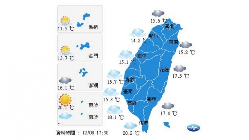 冷氣團南下、溫度下滑　北東短暫雨、中南零星雨