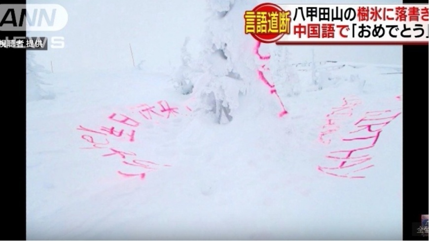 沒水準!絕美雪白樹冰 遭遊客噴漆簡體中文