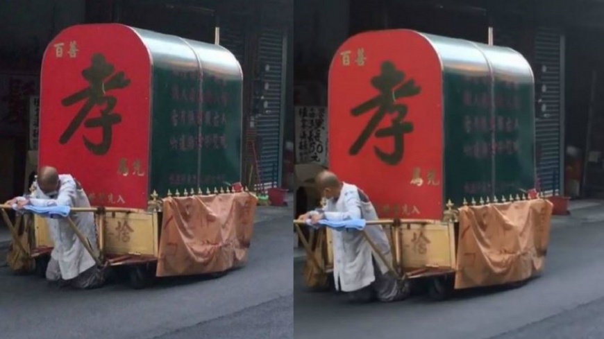 為傳達盡孝理念 苦行僧拖車「跪行」走千里