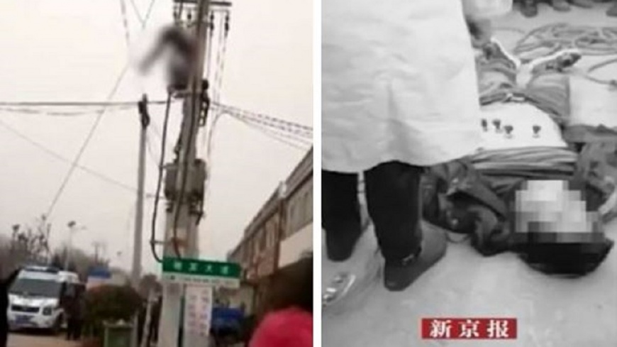 工人修電桿觸電慘死 屍體「攔腰90度」掛半空搖晃