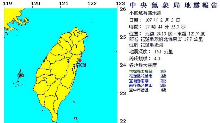 快訊/餘震!17:44花蓮近海規模4.0淺源地震
