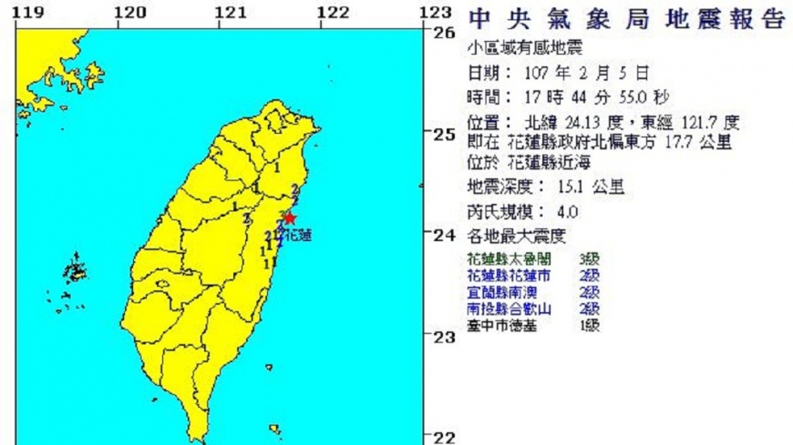 快訊/花蓮20:59又震 近海規模3.6淺源第68震