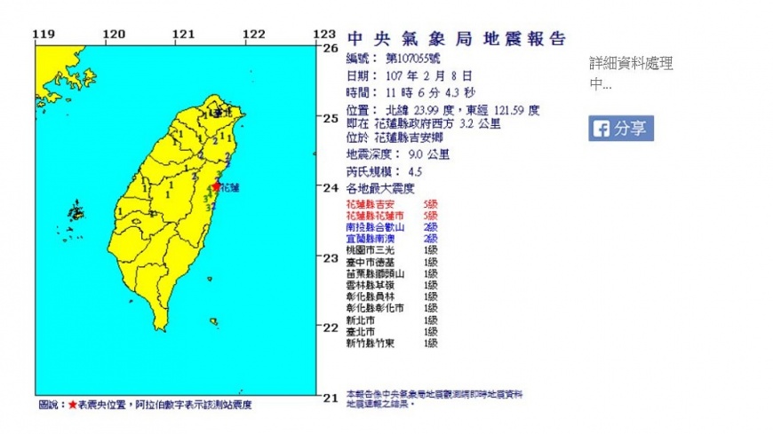 再度晃!11:06花蓮發生規模4.5有感地震