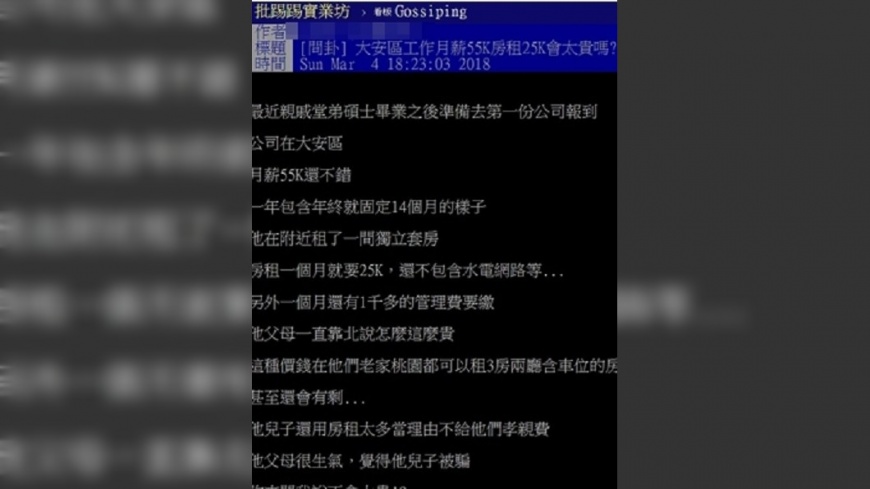 網友發問月薪55K,「房租25K會太貴嗎?」。圖/PTT