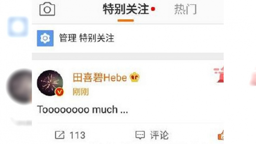 Hebe事後在微博上發文表達不滿,隨即又刪掉。圖/翻攝自微博